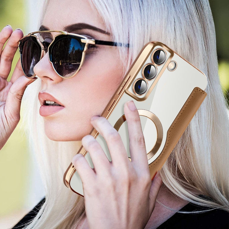 For Samsung Galaxy S22+ 5G MagSafe Magnetic RFID Anti-theft Leather case in black, showcasing its sleek design and RFID protection features.